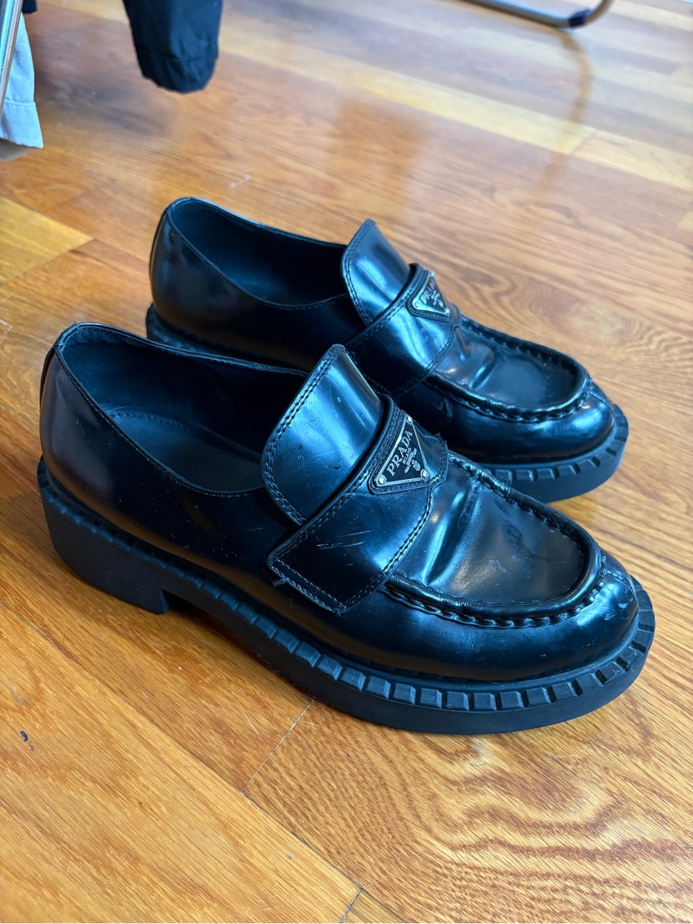 Prada Black Leather Platform Penny Loafers